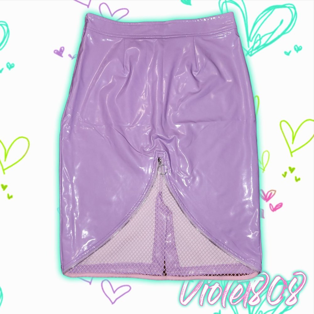 [L] Purple Vegan Leather PVC Wet Look Fishnet Zipper Skirt